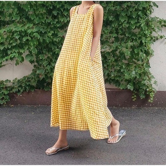 Amazon Dresses & Skirts - chouyatou Women's Plaid Maxi Tank Dress with Pockets Yellow Plaid Size XL – NWT